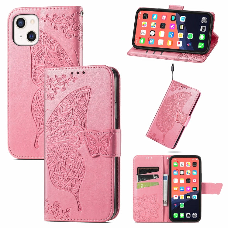 For iPhone 13 mini Butterfly Love Flower Embossed Horizontal Flip Leather Case with Bracket / Card Slot / Wallet / Lanyard