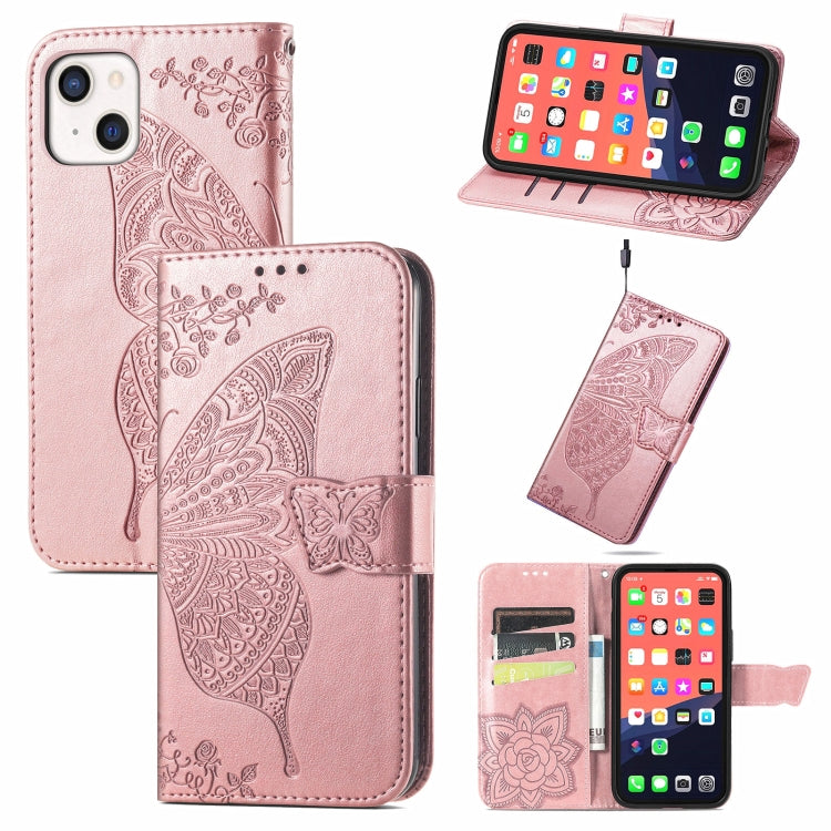 For iPhone 13 mini Butterfly Love Flower Embossed Horizontal Flip Leather Case with Bracket / Card Slot / Wallet / Lanyard