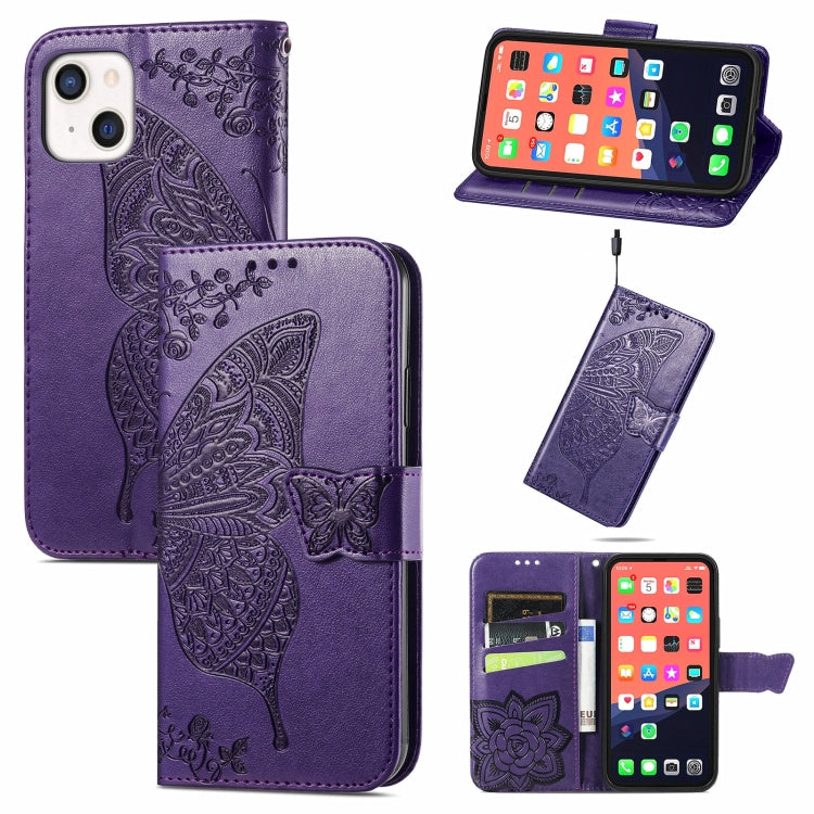 For iPhone 13 mini Butterfly Love Flower Embossed Horizontal Flip Leather Case with Bracket / Card Slot / Wallet / Lanyard