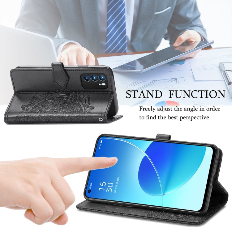 For OPPO Reno6 5G Mandala Flower Embossed Horizontal Flip Leather Case with Holder & Three Card Slots & Wallet & Lanyard