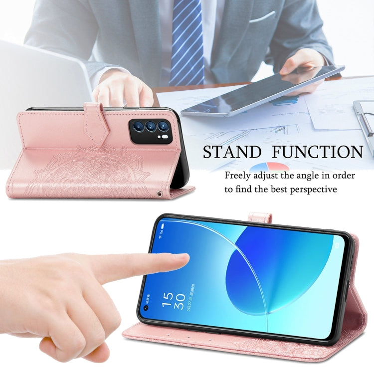 For OPPO Reno6 5G Mandala Flower Embossed Horizontal Flip Leather Case with Holder & Three Card Slots & Wallet & Lanyard