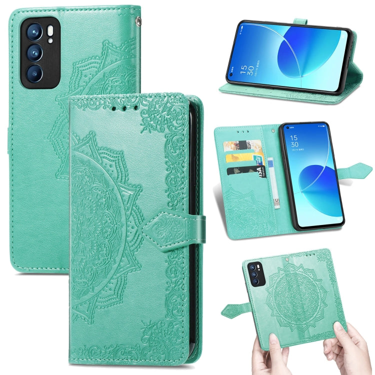 For OPPO Reno6 5G Mandala Flower Embossed Horizontal Flip Leather Case with Holder & Three Card Slots & Wallet & Lanyard
