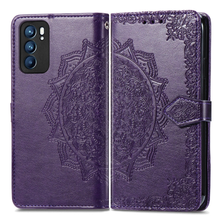 For OPPO Reno6 5G Mandala Flower Embossed Horizontal Flip Leather Case with Holder & Three Card Slots & Wallet & Lanyard