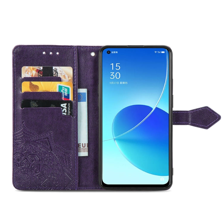 For OPPO Reno6 5G Mandala Flower Embossed Horizontal Flip Leather Case with Holder & Three Card Slots & Wallet & Lanyard
