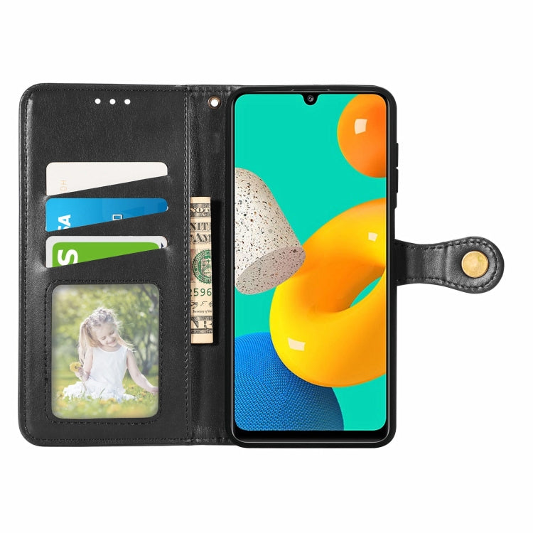 For Samsung Galaxy M32 Solid Color Leather Buckle Phone Case with Lanyard & Photo Frame & Card Slot & Wallet & Stand Function