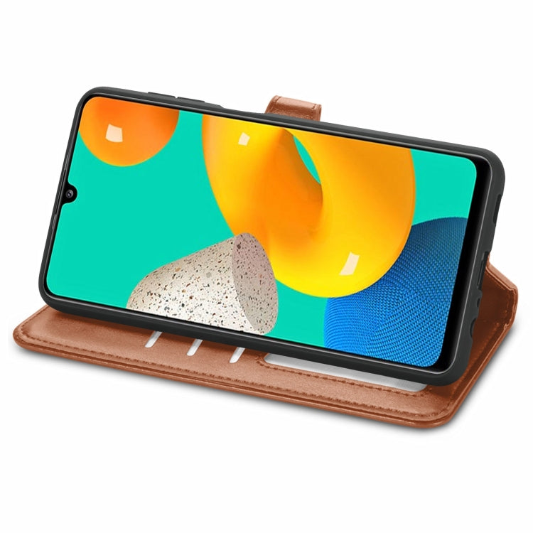 For Samsung Galaxy M32 Solid Color Leather Buckle Phone Case with Lanyard & Photo Frame & Card Slot & Wallet & Stand Function