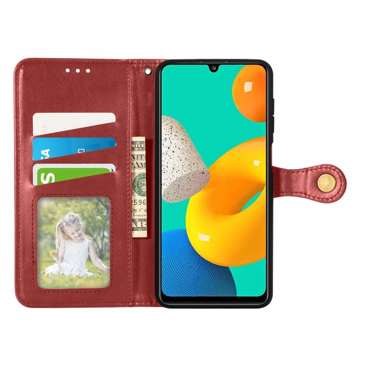 For Samsung Galaxy M32 Solid Color Leather Buckle Phone Case with Lanyard & Photo Frame & Card Slot & Wallet & Stand Function