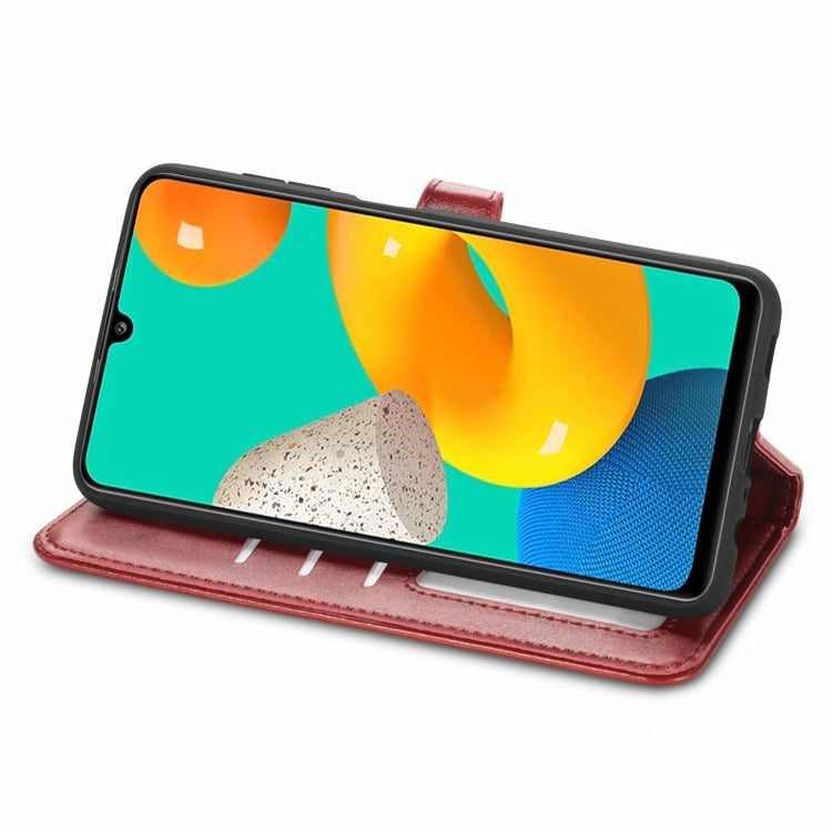 For Samsung Galaxy M32 Solid Color Leather Buckle Phone Case with Lanyard & Photo Frame & Card Slot & Wallet & Stand Function