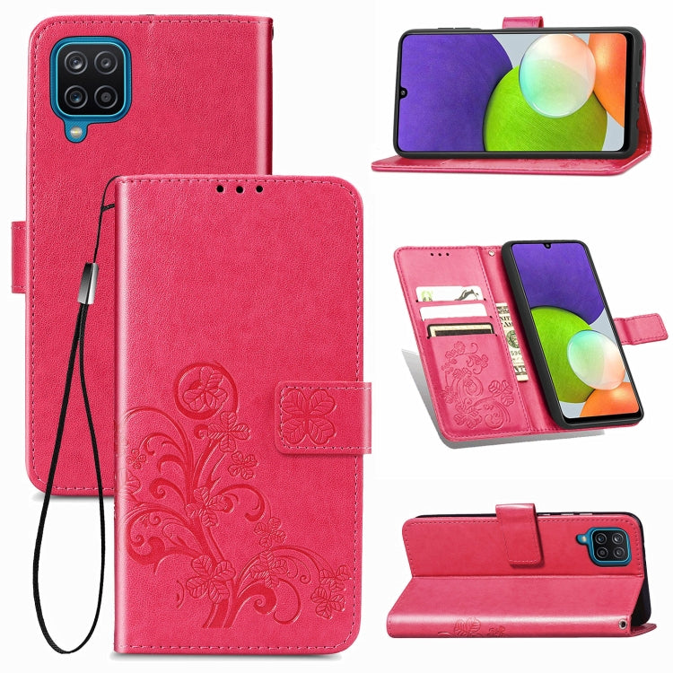 For Samsung Galaxy  A22 4G Four-leaf Clasp Embossed Buckle Mobile Phone Protection Leather Case with Lanyard & Card Slot & Wallet & Bracket Function