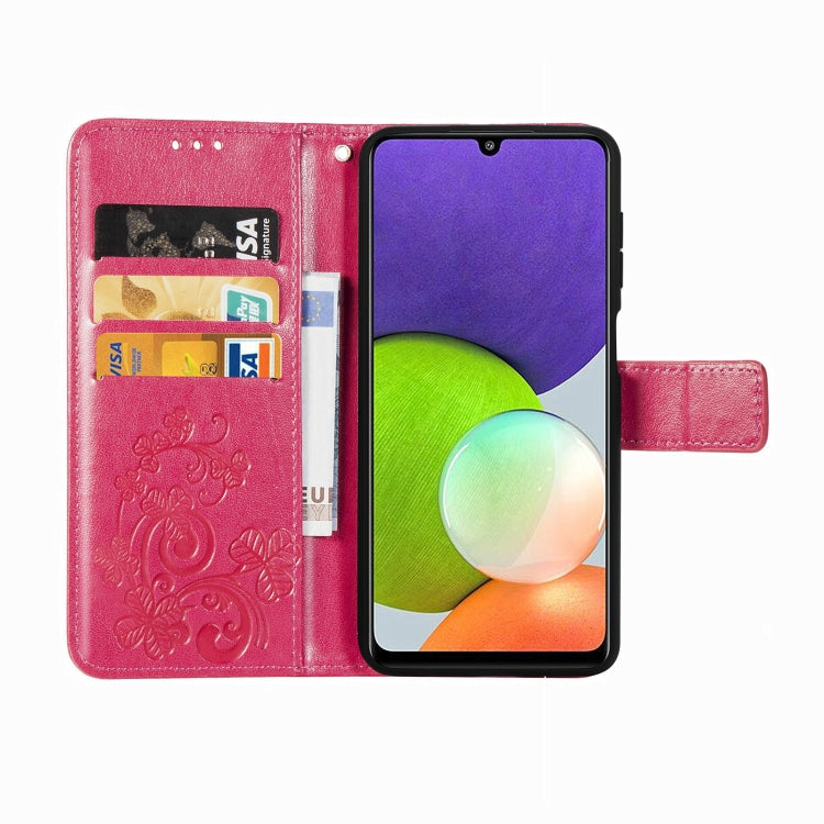 For Samsung Galaxy  A22 4G Four-leaf Clasp Embossed Buckle Mobile Phone Protection Leather Case with Lanyard & Card Slot & Wallet & Bracket Function
