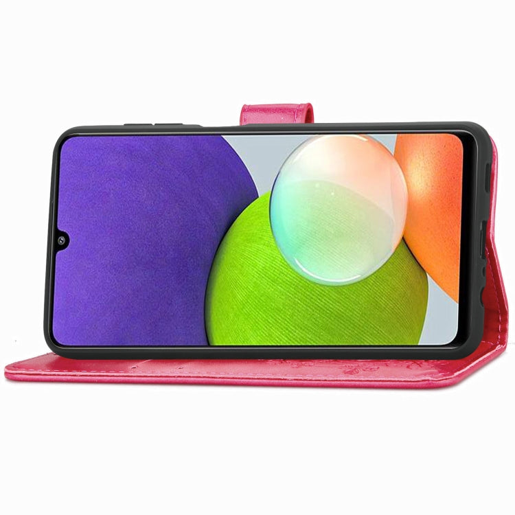 For Samsung Galaxy  A22 4G Four-leaf Clasp Embossed Buckle Mobile Phone Protection Leather Case with Lanyard & Card Slot & Wallet & Bracket Function