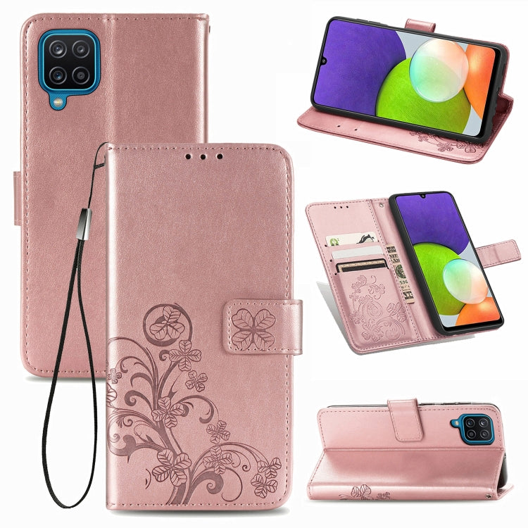 For Samsung Galaxy  A22 4G Four-leaf Clasp Embossed Buckle Mobile Phone Protection Leather Case with Lanyard & Card Slot & Wallet & Bracket Function