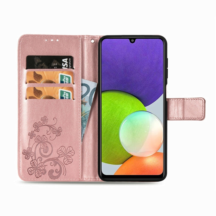 For Samsung Galaxy  A22 4G Four-leaf Clasp Embossed Buckle Mobile Phone Protection Leather Case with Lanyard & Card Slot & Wallet & Bracket Function