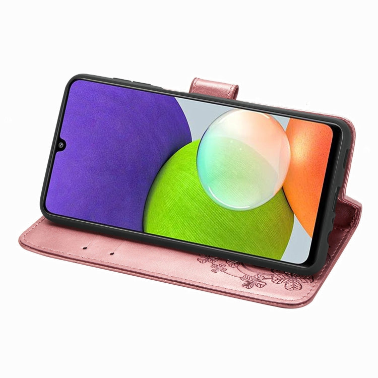 For Samsung Galaxy  A22 4G Four-leaf Clasp Embossed Buckle Mobile Phone Protection Leather Case with Lanyard & Card Slot & Wallet & Bracket Function