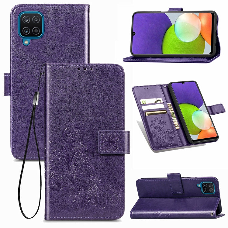 For Samsung Galaxy  A22 4G Four-leaf Clasp Embossed Buckle Mobile Phone Protection Leather Case with Lanyard & Card Slot & Wallet & Bracket Function