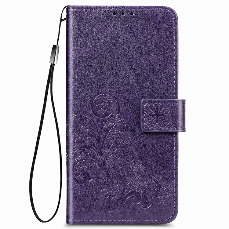 For Samsung Galaxy  A22 4G Four-leaf Clasp Embossed Buckle Mobile Phone Protection Leather Case with Lanyard & Card Slot & Wallet & Bracket Function