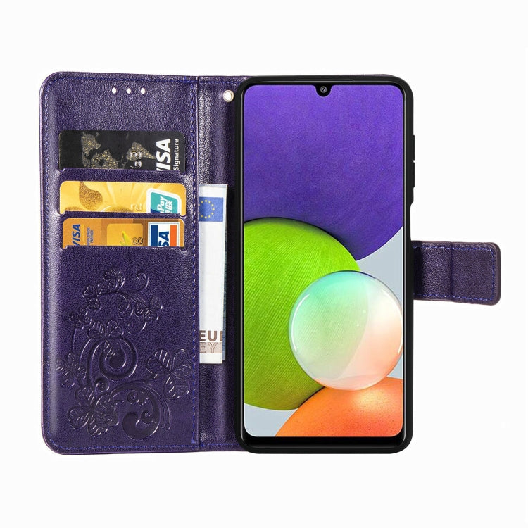 For Samsung Galaxy  A22 4G Four-leaf Clasp Embossed Buckle Mobile Phone Protection Leather Case with Lanyard & Card Slot & Wallet & Bracket Function