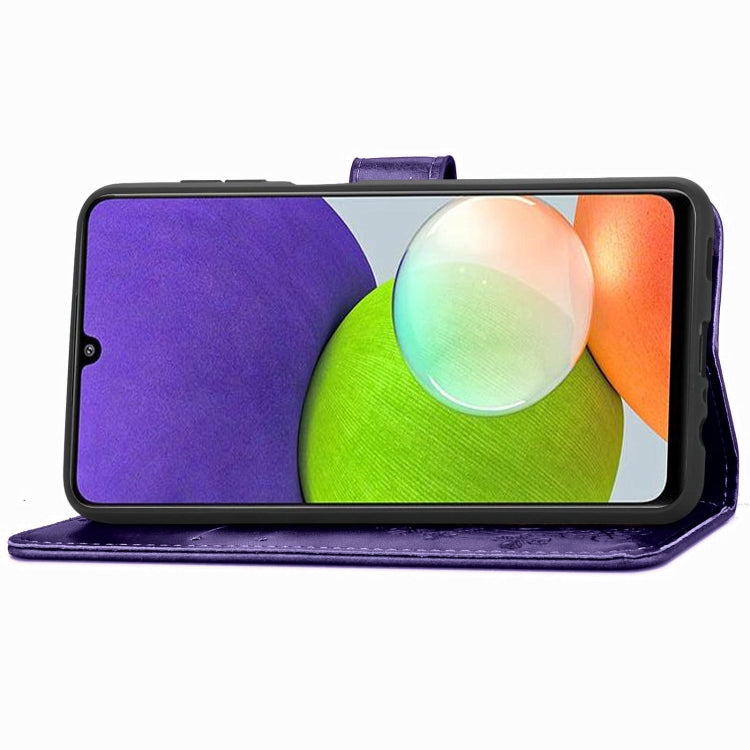 For Samsung Galaxy  A22 4G Four-leaf Clasp Embossed Buckle Mobile Phone Protection Leather Case with Lanyard & Card Slot & Wallet & Bracket Function