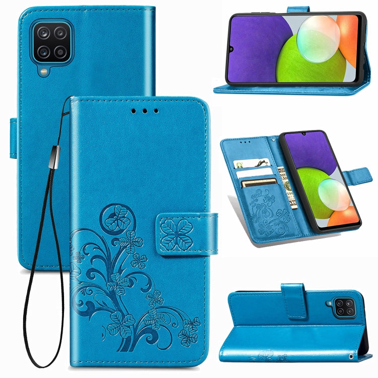 For Samsung Galaxy  A22 4G Four-leaf Clasp Embossed Buckle Mobile Phone Protection Leather Case with Lanyard & Card Slot & Wallet & Bracket Function