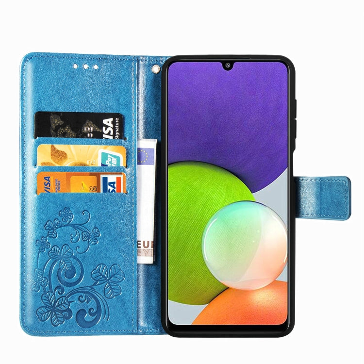 For Samsung Galaxy  A22 4G Four-leaf Clasp Embossed Buckle Mobile Phone Protection Leather Case with Lanyard & Card Slot & Wallet & Bracket Function