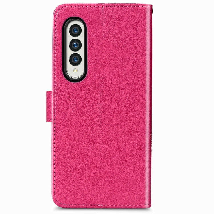 For Samsung Galaxy Z Fold3 Four-leaf Clasp Embossed Buckle Mobile Phone Protection Leather Case with Lanyard & Card Slot & Wallet & Bracket Function