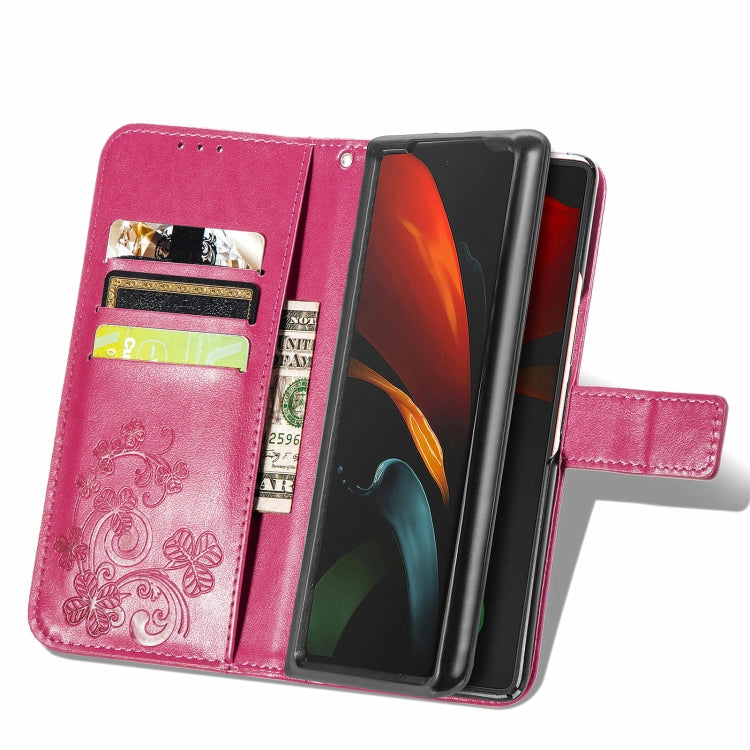 For Samsung Galaxy Z Fold3 Four-leaf Clasp Embossed Buckle Mobile Phone Protection Leather Case with Lanyard & Card Slot & Wallet & Bracket Function