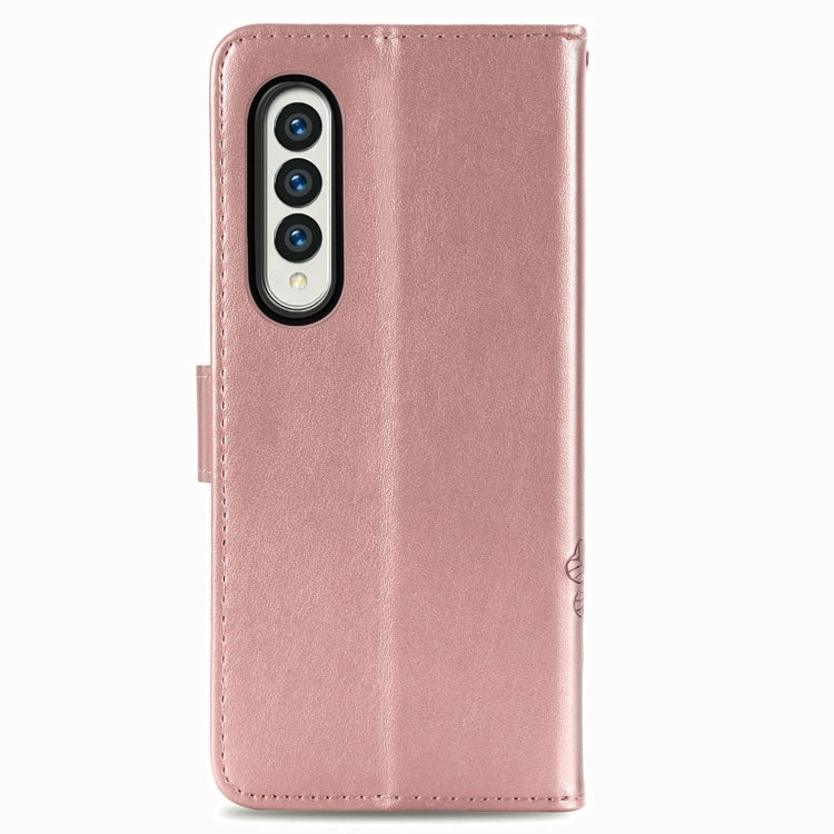 For Samsung Galaxy Z Fold3 Four-leaf Clasp Embossed Buckle Mobile Phone Protection Leather Case with Lanyard & Card Slot & Wallet & Bracket Function