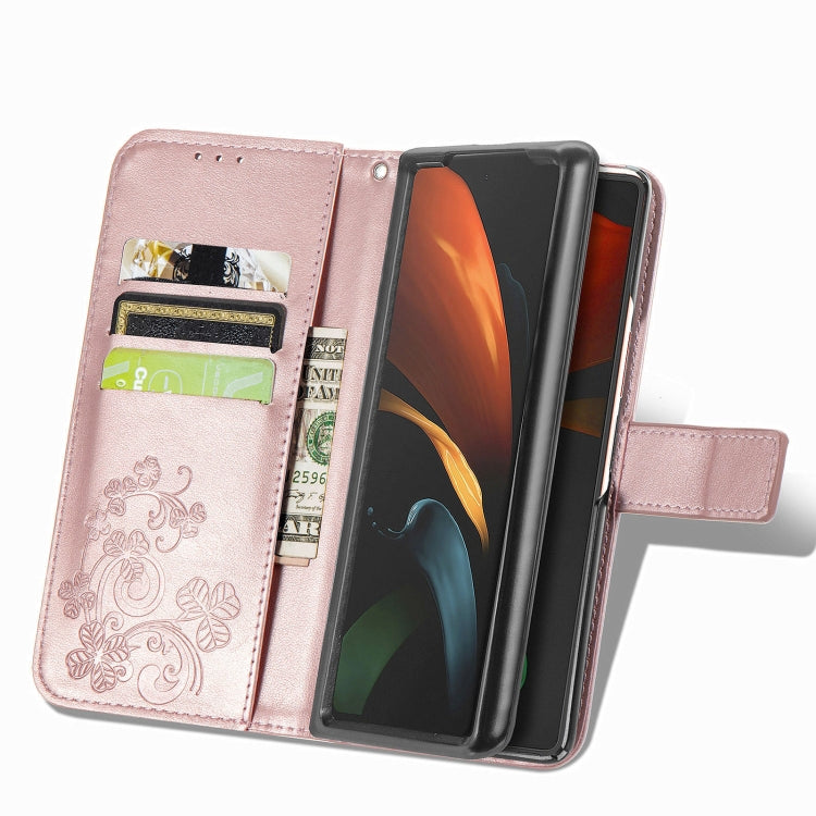 For Samsung Galaxy Z Fold3 Four-leaf Clasp Embossed Buckle Mobile Phone Protection Leather Case with Lanyard & Card Slot & Wallet & Bracket Function