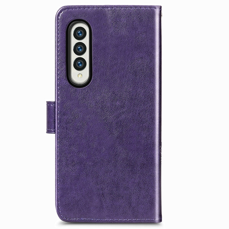 For Samsung Galaxy Z Fold3 Four-leaf Clasp Embossed Buckle Mobile Phone Protection Leather Case with Lanyard & Card Slot & Wallet & Bracket Function
