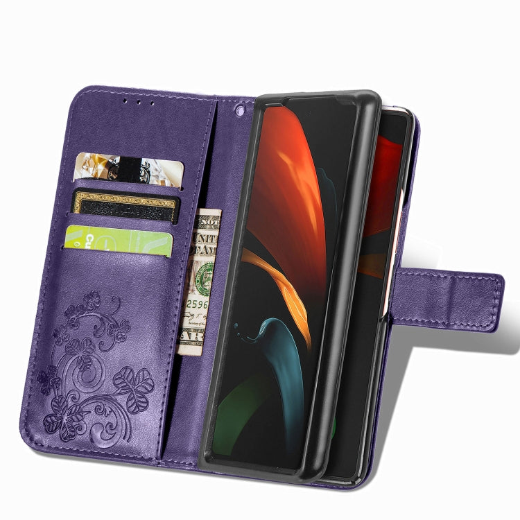 For Samsung Galaxy Z Fold3 Four-leaf Clasp Embossed Buckle Mobile Phone Protection Leather Case with Lanyard & Card Slot & Wallet & Bracket Function