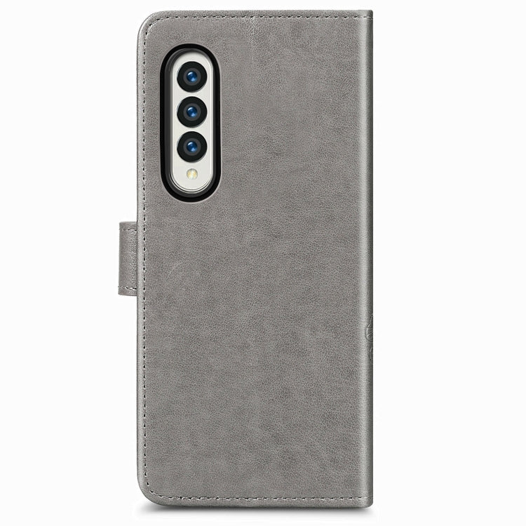 For Samsung Galaxy Z Fold3 Four-leaf Clasp Embossed Buckle Mobile Phone Protection Leather Case with Lanyard & Card Slot & Wallet & Bracket Function