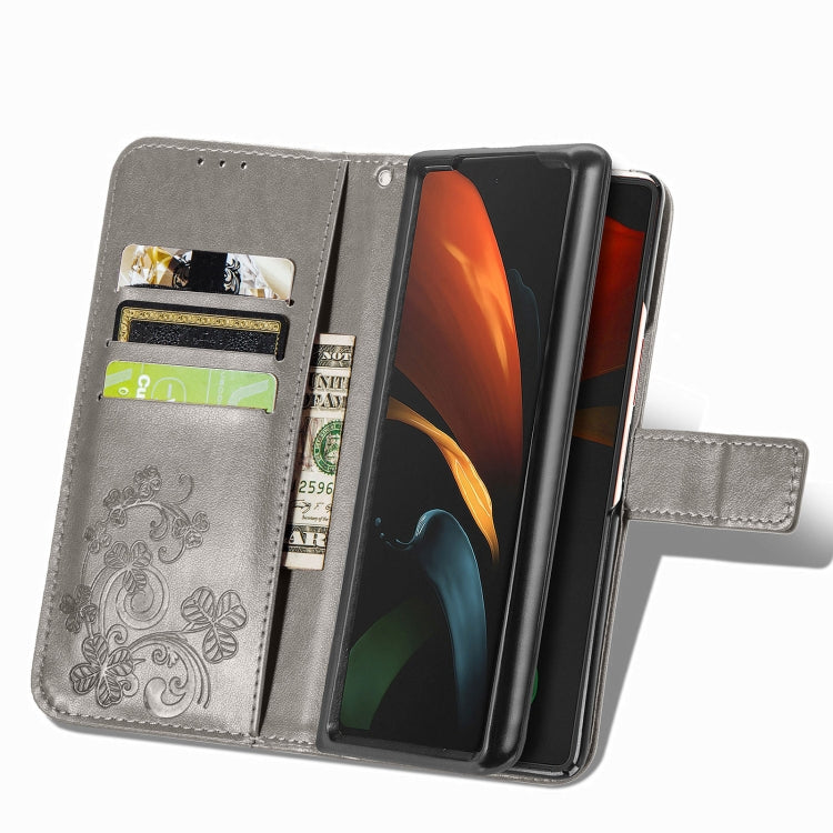 For Samsung Galaxy Z Fold3 Four-leaf Clasp Embossed Buckle Mobile Phone Protection Leather Case with Lanyard & Card Slot & Wallet & Bracket Function