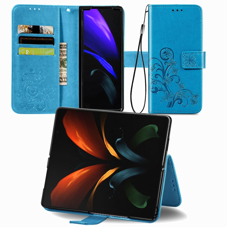 For Samsung Galaxy Z Fold3 Four-leaf Clasp Embossed Buckle Mobile Phone Protection Leather Case with Lanyard & Card Slot & Wallet & Bracket Function