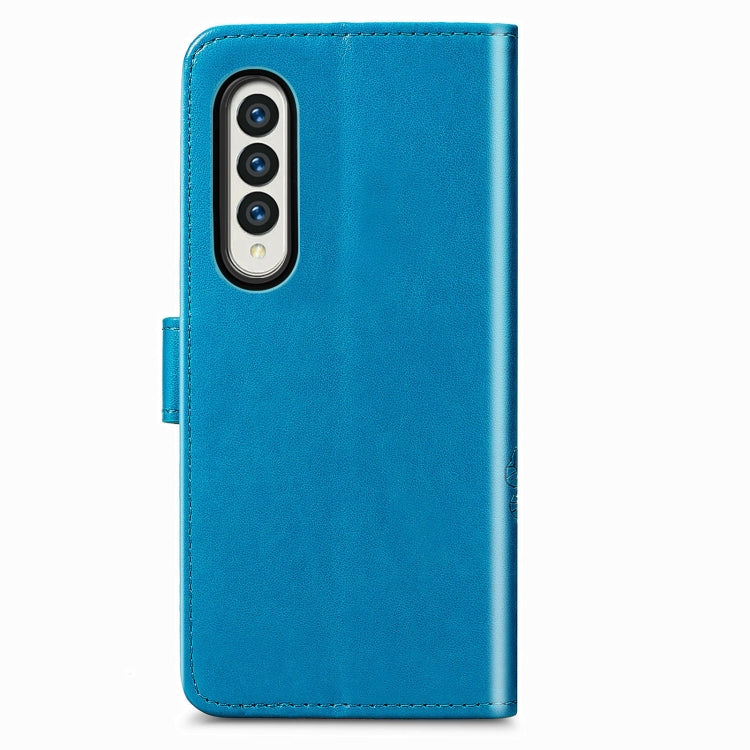 For Samsung Galaxy Z Fold3 Four-leaf Clasp Embossed Buckle Mobile Phone Protection Leather Case with Lanyard & Card Slot & Wallet & Bracket Function