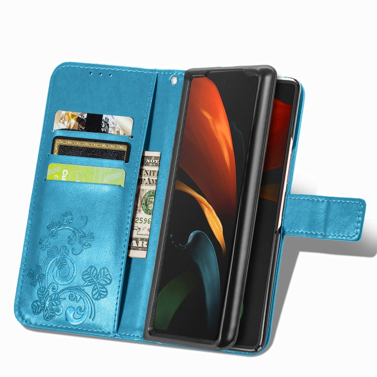For Samsung Galaxy Z Fold3 Four-leaf Clasp Embossed Buckle Mobile Phone Protection Leather Case with Lanyard & Card Slot & Wallet & Bracket Function