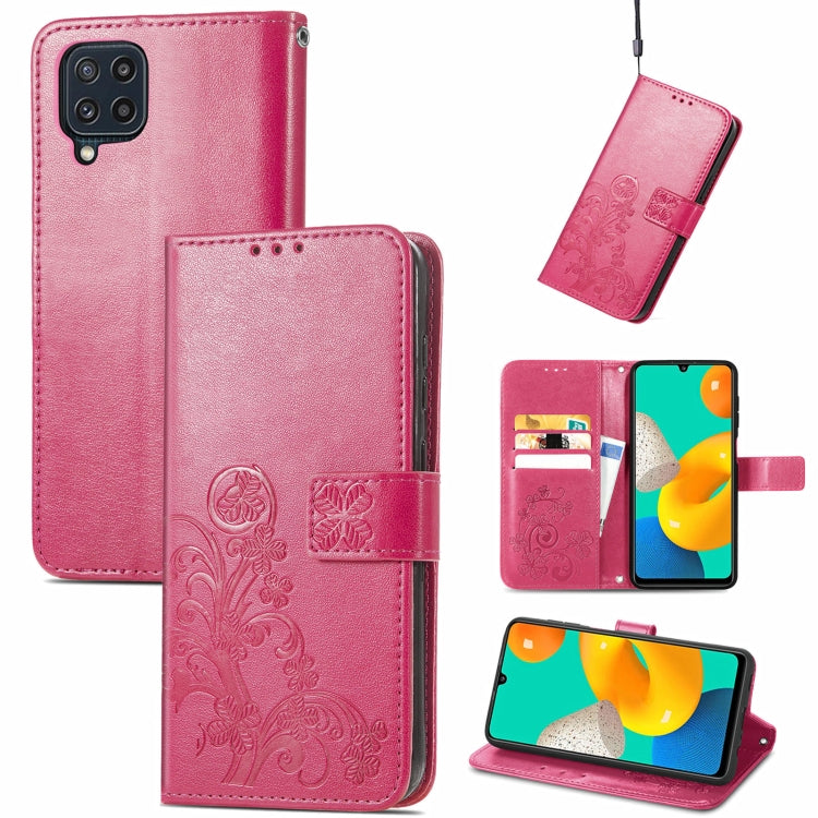 For Samsung Galaxy M32 Four-leaf Clasp Embossed Buckle Mobile Phone Protection Leather Case with Lanyard & Card Slot & Wallet & Bracket Function