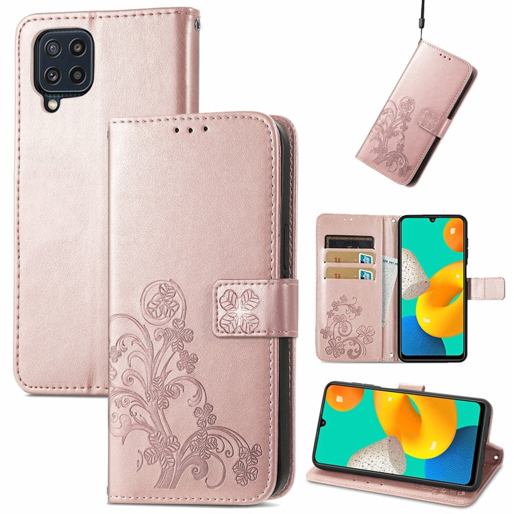 For Samsung Galaxy M32 Four-leaf Clasp Embossed Buckle Mobile Phone Protection Leather Case with Lanyard & Card Slot & Wallet & Bracket Function