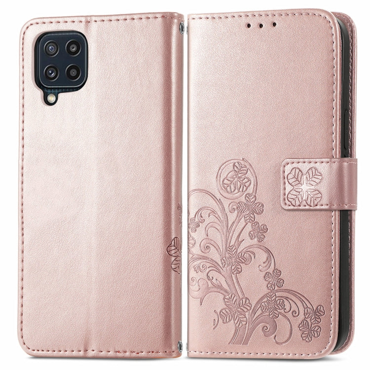For Samsung Galaxy M32 Four-leaf Clasp Embossed Buckle Mobile Phone Protection Leather Case with Lanyard & Card Slot & Wallet & Bracket Function