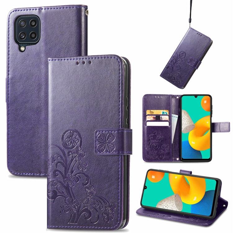 For Samsung Galaxy M32 Four-leaf Clasp Embossed Buckle Mobile Phone Protection Leather Case with Lanyard & Card Slot & Wallet & Bracket Function