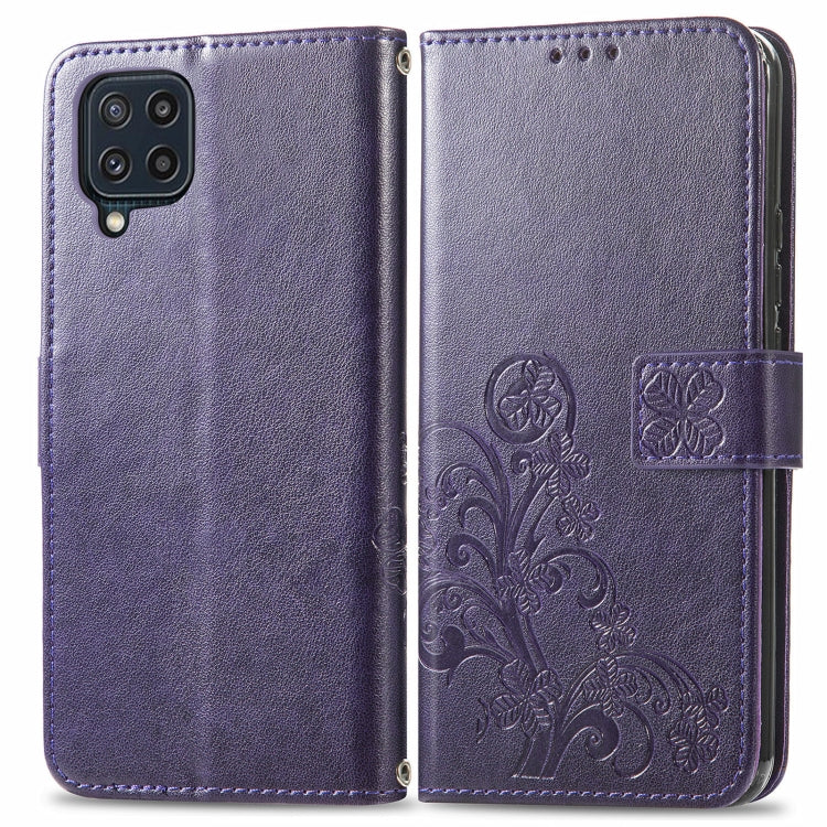 For Samsung Galaxy M32 Four-leaf Clasp Embossed Buckle Mobile Phone Protection Leather Case with Lanyard & Card Slot & Wallet & Bracket Function