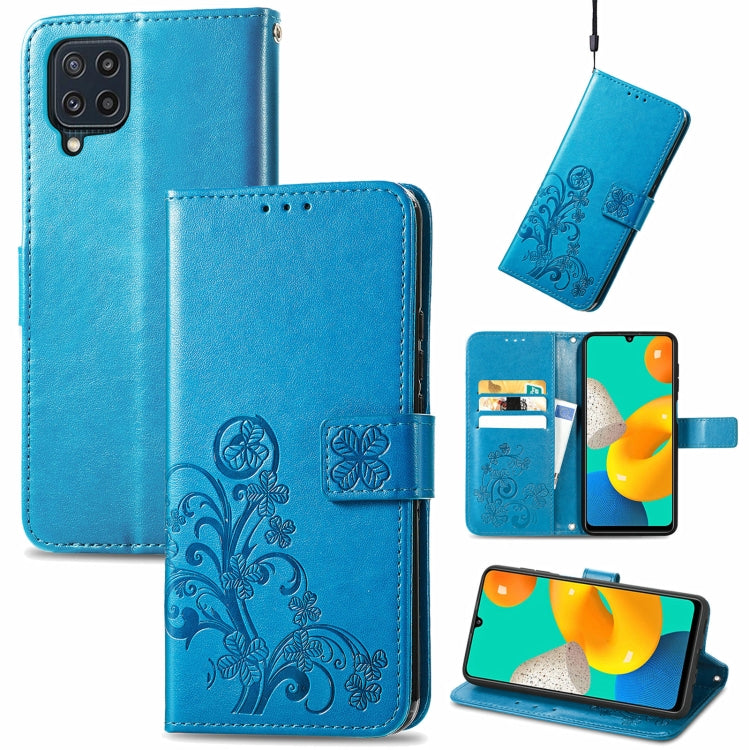 For Samsung Galaxy M32 Four-leaf Clasp Embossed Buckle Mobile Phone Protection Leather Case with Lanyard & Card Slot & Wallet & Bracket Function