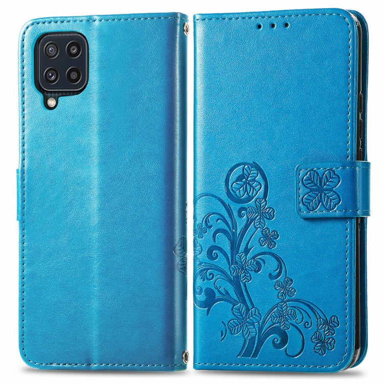 For Samsung Galaxy M32 Four-leaf Clasp Embossed Buckle Mobile Phone Protection Leather Case with Lanyard & Card Slot & Wallet & Bracket Function