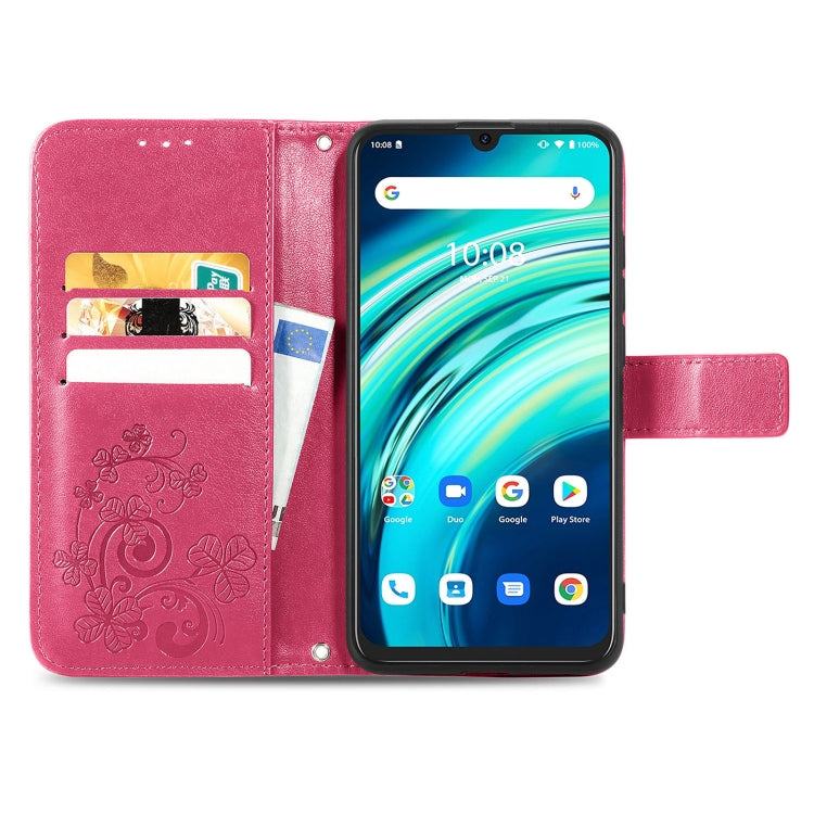 For UMIDIGI A9 Pro Four-leaf Clasp Embossed Buckle Mobile Phone Protection Leather Case with Lanyard & Card Slot & Wallet & Bracket Function