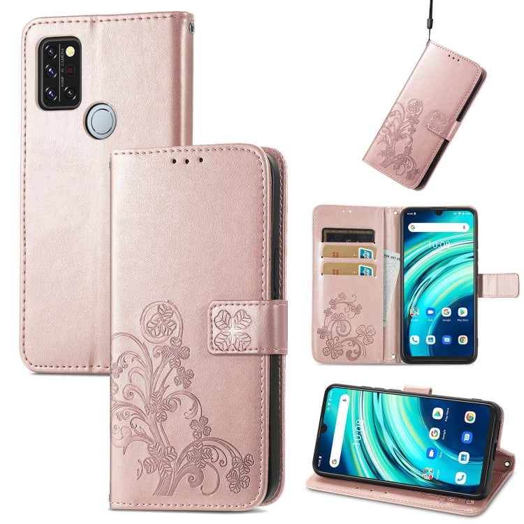 For UMIDIGI A9 Pro Four-leaf Clasp Embossed Buckle Mobile Phone Protection Leather Case with Lanyard & Card Slot & Wallet & Bracket Function