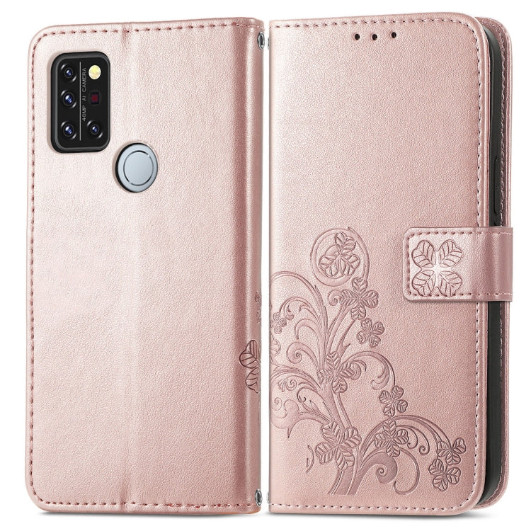 For UMIDIGI A9 Pro Four-leaf Clasp Embossed Buckle Mobile Phone Protection Leather Case with Lanyard & Card Slot & Wallet & Bracket Function