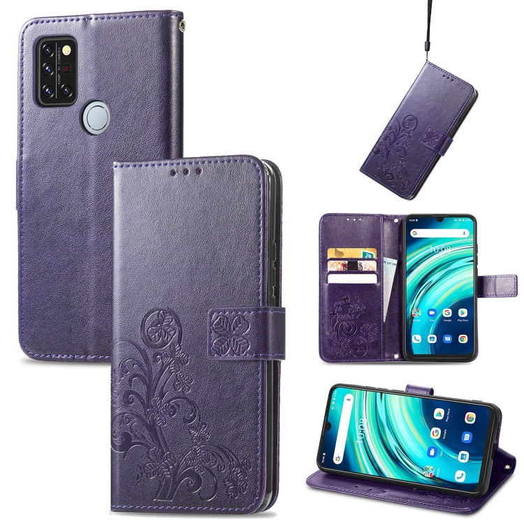 For UMIDIGI A9 Pro Four-leaf Clasp Embossed Buckle Mobile Phone Protection Leather Case with Lanyard & Card Slot & Wallet & Bracket Function