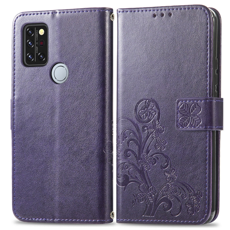 For UMIDIGI A9 Pro Four-leaf Clasp Embossed Buckle Mobile Phone Protection Leather Case with Lanyard & Card Slot & Wallet & Bracket Function