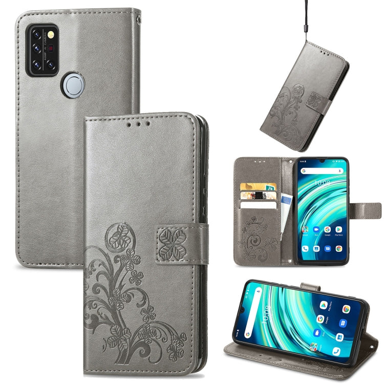 For UMIDIGI A9 Pro Four-leaf Clasp Embossed Buckle Mobile Phone Protection Leather Case with Lanyard & Card Slot & Wallet & Bracket Function