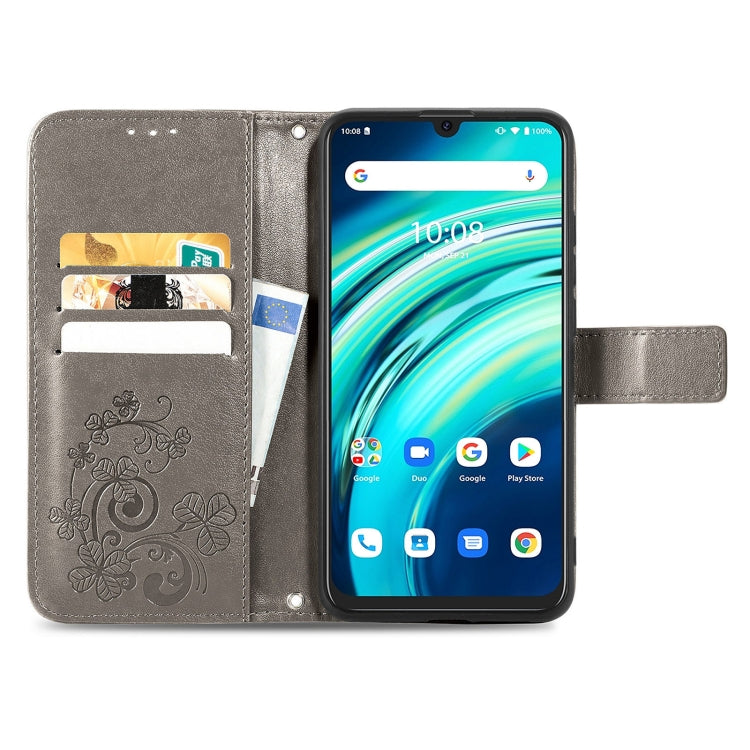For UMIDIGI A9 Pro Four-leaf Clasp Embossed Buckle Mobile Phone Protection Leather Case with Lanyard & Card Slot & Wallet & Bracket Function