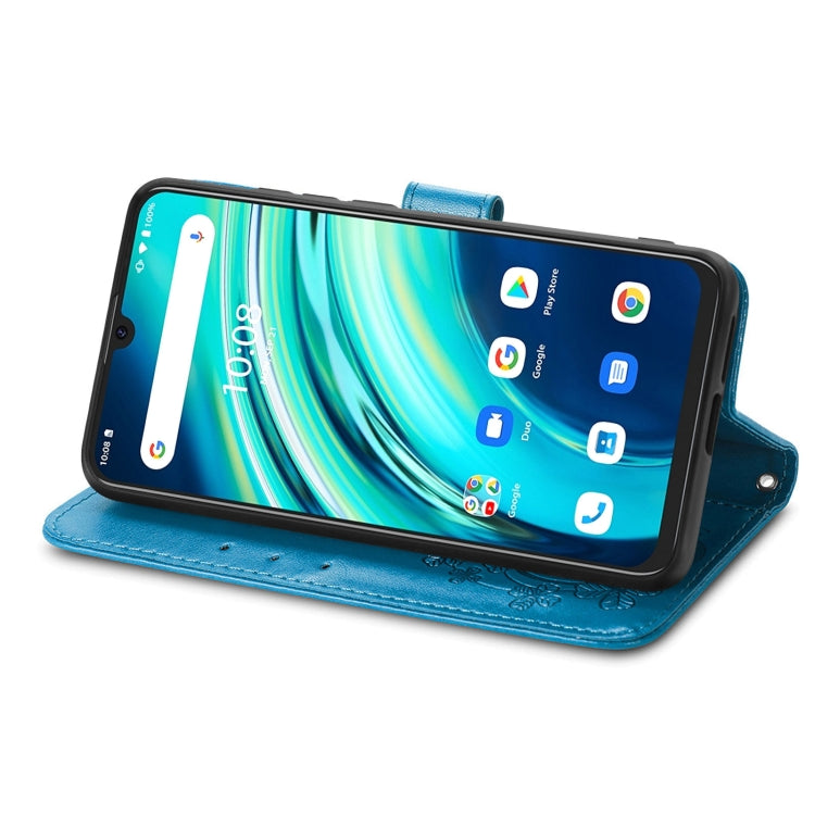 For UMIDIGI A9 Pro Four-leaf Clasp Embossed Buckle Mobile Phone Protection Leather Case with Lanyard & Card Slot & Wallet & Bracket Function